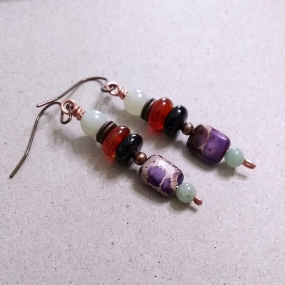 Multi-Hued Fall Danglers ~ Semi-Precious Beads ~ Unique Handmade Stack Earrings - Picture 1 of 6